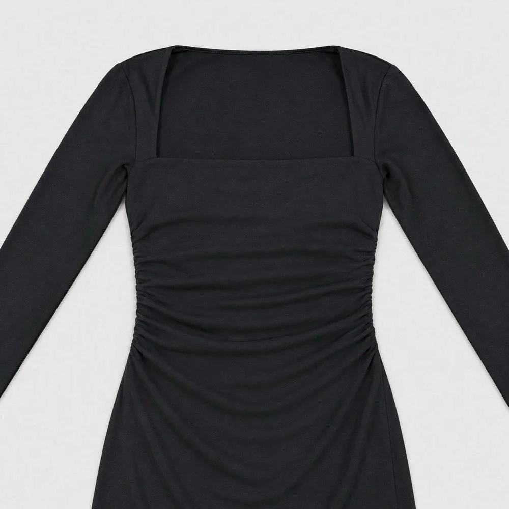Abercrombie & Fitch Ava Dress Large Black Ruched Square Neck Long Sleeve Maxi